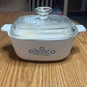Corningware 1 1/2 quart White Casserole Dish with Blue Floral Pattern